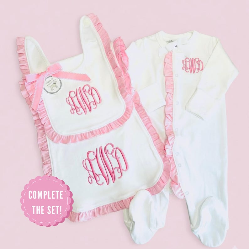 Pink Ruffle Bib Pink Ruffle Bib and Burp Cloth Set Baby Girl Monogrammed Script ...