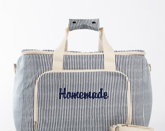 Navy Blue Stripe Cooler Bag Monogrammed | Large Cotton Packable Seersucker Cooler Soft | Personalized Embroidery Travel Pool Birthday Bride
