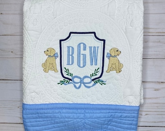 Personalized Baby Boy Quilt, Keepsake Gift, New Baby Gift, Heirloom Baby Quilt, Cotton Baby Blanket, Embroidered, Personalized, Blue, Lab