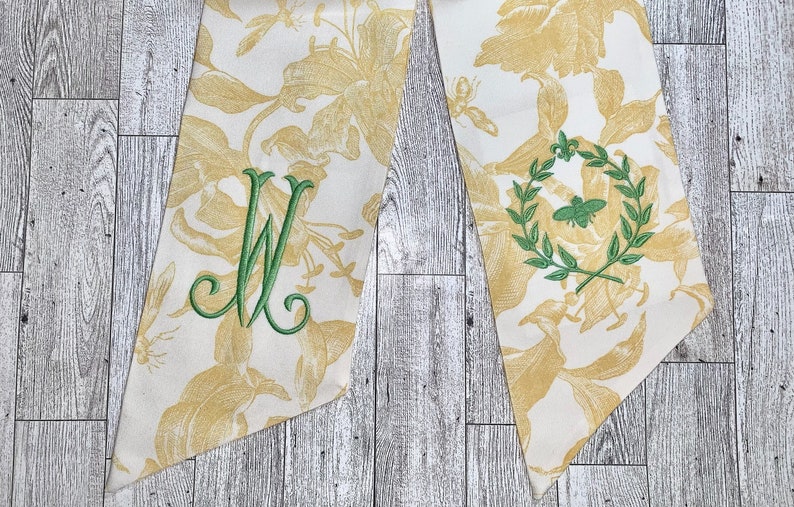 Yellow Toile Classic Embroidered Wreath Sash Personalized Monogrammed Housewarming Wedding Bridal Shower Spring Laurel Bee image 6