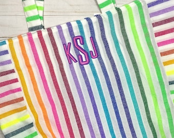 Rainbow Monogrammed Beach Tote Bag | Cotton Packable Soft Tote Bag | Personalized Embroidered | Travel Pool Birthday Bride Neon