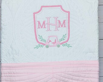 Pink Golf Cart Quilt | Personalized Baby Girl Keepsake Gift | New Baby Shower | Heirloom Baby Quilt | Cotton Baby Blanket | Embroidered