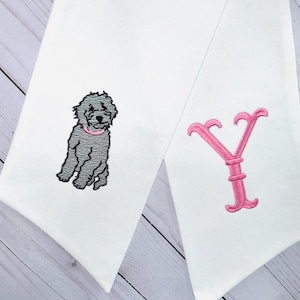 White Doodle Dog Sash | Classic Embroidered Wreath Sash | Personalized Monogrammed Cotton | Labradoodle Goldendoodle Golden Lab Retriever