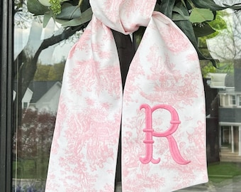Pink Toile Wreath Sash Classic Embroidered Front Door Decor Monogrammed Housewarming Present for the Hostess Thoughtful Baby Shower Decor