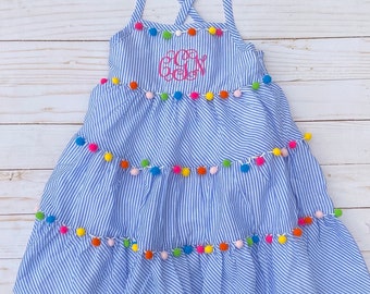 Rainbow Pompom Striped Dress | Toddler Girl Dress | Easter Beach Summer Spring Birthday | Personalized Monogram Embroidered Gift for Girls