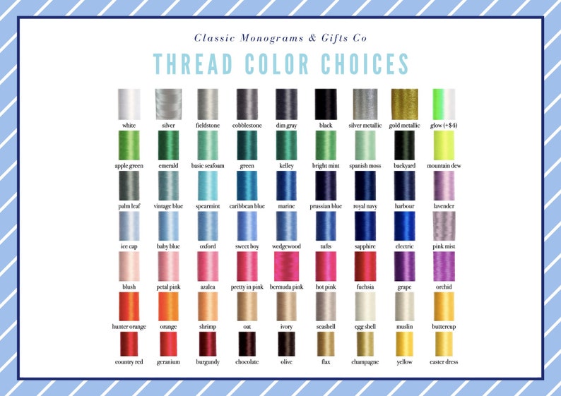 May include: A chart showing a variety of thread colors for embroidery. The colors are arranged in rows and columns, with the name of each color listed below it. The colors include white, silver, fieldstone, cobblestone, dim gray, black, silver metallic, gold metallic, glow, apple green, emerald, basic seafoam, green, kelley, bright mint, spanish moss, backyard, mountain dew, palm leaf, vintage blue, spearmint, caribbean blue, marine, prussian blue, royal navy, harbor, lavender, ice cap, baby blue, oxford, sweet boy, wedgewood, taffts, sapphire, electric, pink mist, blush, petal pink, azalea, pretty in pink, bermuda pink, hot pink, fuchsia, grape, orchid, hunter orange, orange, shrimp, ivory, seashell, eggshell, muslin, bunercup, country red, geranium, burgundy, chocolate, olive, flax, champagne, yellow, and caster dress.