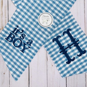 It’s a Boy | Baby Gender Reveal | Light Blue Gingham Plaid Check | Classic Embroidered Wreath Sash | Personalized | Monogrammed | Cotton