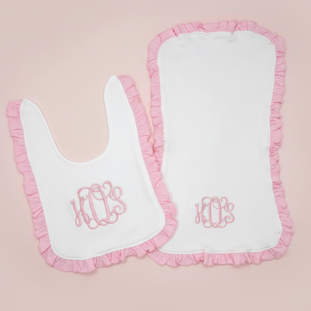 Pink Ruffle Bib Pink Ruffle Bib and Burp Cloth Set Baby Girl Monogrammed Script ...