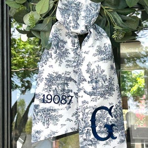 Navy Toile Wreath Sash | Classic Embroidered Personalized | Monogrammed | Housewarming | Wedding Bridal Baby Shower | Zip Code