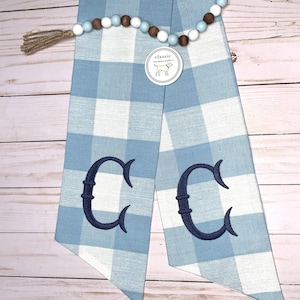 Light Blue Buffalo Plaid Check | Classic Embroidered Wreath Sash | Personalized | Monogrammed | Cotton | Baby Boy Baptism Communion Wedding