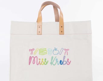 Personalized Teacher Tote Bag with School Supply Doodle Embroidery Custom Canvas Book Bag Rainbow Pastel End of Year Gift