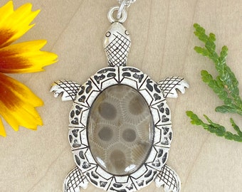 Petoskey Stone Turtle Pendant Necklace