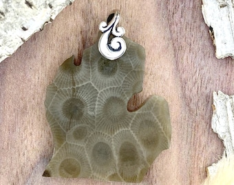 Michigan-Shaped Petoskey Stone Pendant