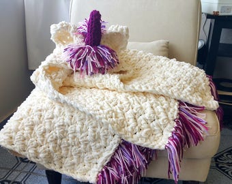 Unicorn Blanket, Hooded Unicorn Blanket, Hooded Blanket, White, Pink, Purple, Blue, Child, Adult, Crochet, Ready to Ship