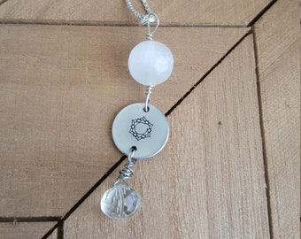 Crown Chakra Handstamped Sterling Silver Selenite and Crystal Pendant Necklace