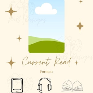 Könnte beinhalten: Eine beige Current Read Checkliste mit einer Himmel- und Wolkengrafik. Die Checkliste enthält Symbole für ein Tablet, Kopfhörer und ein Buch, mit Kontrollkästchen darunter. Goldene Stern- und Blattakzente.