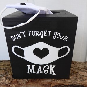 Wooden Face Mask or Facial Tissue Dispenser Box with Whimsical Mask Reminders - Black and White - Perfect for Home, Office, Gifting, More!
