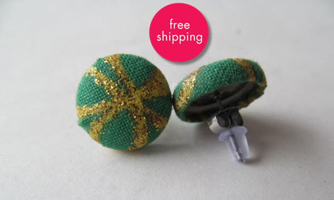 St. Patrick's Green and Gold Cross Fabric Button Earrings Etsy