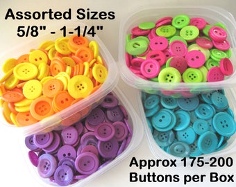 Bulk Buttons in Assorted Sizes 16mm - 32mm - 175-200 Buttons Per Box - Five Colors / Color Combos Available - Perfect for Crafting, More!