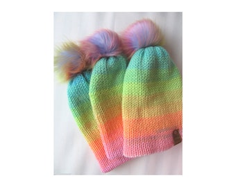 TikTok Beanie Retro Rainbow Stripe with Pom Pom and Vegan Leather Tag  - Hand Knitted Double Layer Tik Tok Hat with Free Shipping!