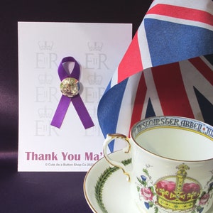 Queen Elizabeth Pin / Brooch - Authentic British Military Uniform Button w/ ER II Cypher Royal Purple Ribbon / Post Back Butterfly Clasp