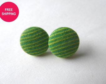 Christmas Two-Toned Green Stripe Fabric Button Earrings Titanium Post / Clutch Back + Gift Card & Organza Bag - FREE SHIPPING Included!