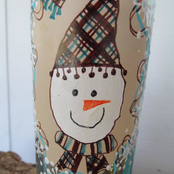 Whimsical Hand-Painted Snowman Snowflake Bottle / Light with Tinsel and LED Light Kit - Perfect for Holiday Decorating and Gift-Giving!