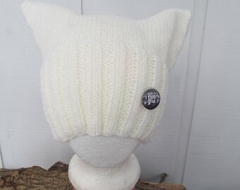 White Pussy Hat with #TimesUp Pin - Official Womens March PussyHat Pattern - Cat Beanie, Cat Ears Hat, Knit Cat Hat, Kitty Cat Hat,