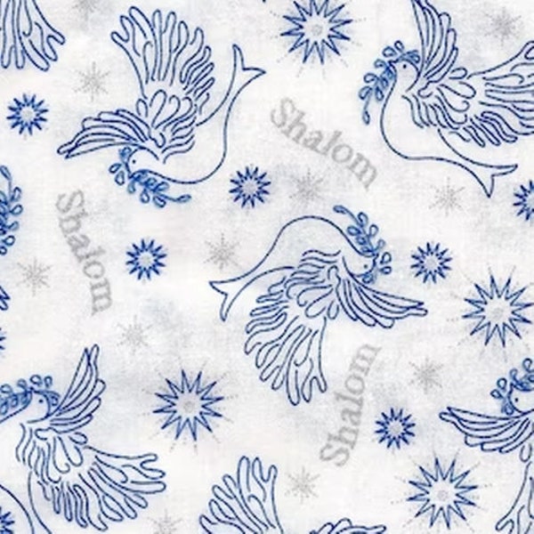 Shalom Dove of Peace /Jewish Fabric - White and Blue - 100% Cotton  - 44" Wide -  Fat Quarter, 1/2 Yard, Full Yard Available - Cut to Order!