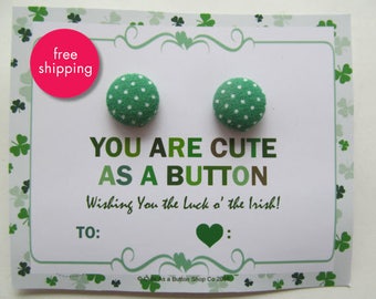 Irish St. Patrick's Green and White Polka Dot Fabric Button Earrings Titanium Post / Clutch Back Gift Card Organza Bag - FREE SHIP Included!