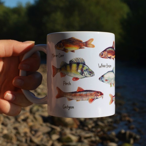 Coarse Fish Mug 11oz Ceramic Mug with Fish Illustrations Drawings Fishing Gift for Fisherman