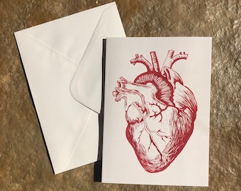 Realistic Anatomical Heart Lino Print Greeting Card Birthday Card Valentine’s Day Card