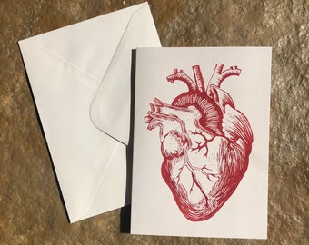 Carte de voeux réaliste à imprimé lino avec coeur anatomique, carte d'anniversaire, carte de Saint-Valentin