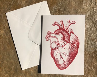 Realistic Anatomical Heart Lino Print Greeting Card Birthday Card Valentine’s Day Card