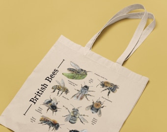 Bolso de mano con ilustración de abejas británicas - 100% algodón