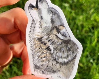 Howling Wolf Sticker, Waterproof Gouache Illustration