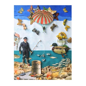Fantasie Kust Oceaancollage Dreamscape-nr. 1 A5-kunstprint met visser en eend