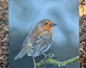 額入りロビン鳥の絵画、リアルな鳥の油絵、赤い鳥のオリジナルアート