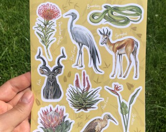 South African Fauna and Flora Sticker Sheet with 9 Eco Paper Stickers