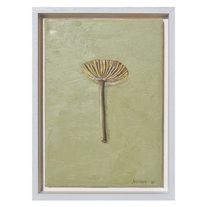 May include: A framed painting of a mushroom. The artwork features a detailed depiction of a mushroom with a brown stem and a tan, ribbed cap. The background is a muted green, and the frame is white.