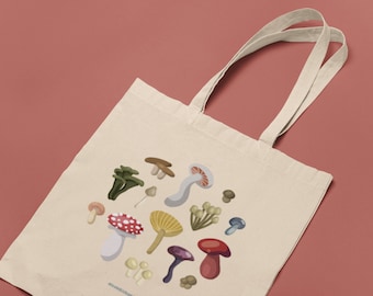 Mushroom Tote Bag with Cartoon Mushroom Illustrations 100% Cotton Tote Bag Mushroom Gift Sustainable Gift Bag