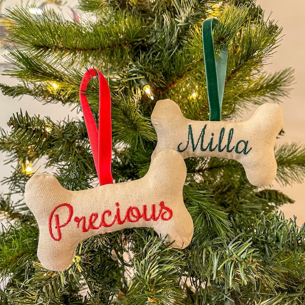 Personalized Dog Bone Ornament, Christmas Ornament for Dog, Ornament for Dog with Embroidered Name, Pet Ornament with Name