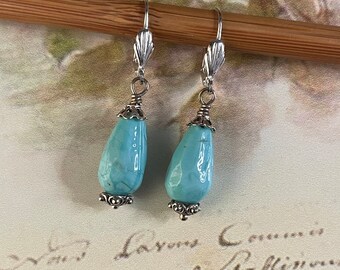 Silver with Faceted Teardrop Bead Earrings, One of a Kind Earrings, Blue- Green Glass and Silver Earrings, Simple Earrings,