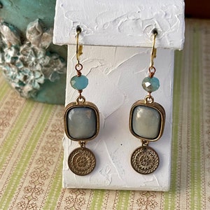Gold Disc and Rectangle Bead Earrings, Unique Earrings, Gold and Blue Earrings, Vintage Boho Chic Earrings
