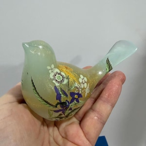 Handmade Resin Bird Sculpture With Purple Flowers, Cottagecore Garden Figurine Home Decor