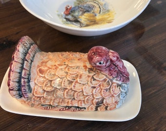 Vintage Atlantic Mold Large White Fall or Thanksgiving Serving Dish and Green Ceramic Turkey Shaped Serving DishBowl Red