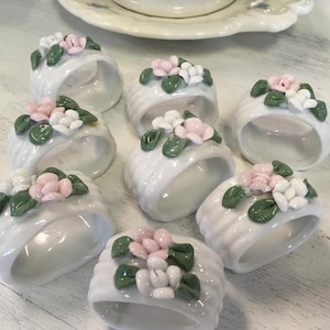 View of Shabby Chic Porcelain Napkin Rings - Set of Eight - Etsy