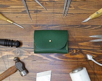 Personalised Compact Leather Business Card Case or Credit Card Wallet Handmade from Premium Green Italian Leather