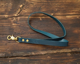 Blue Personalised Leather Lanyard, ID Holder with Brass Clip