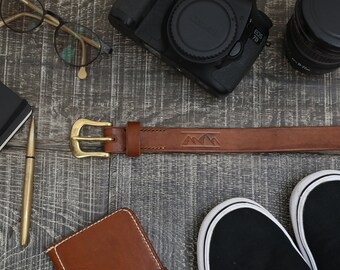 Brown Handmade Oak Bark Woman's Leather Belt, Hand-Stitched